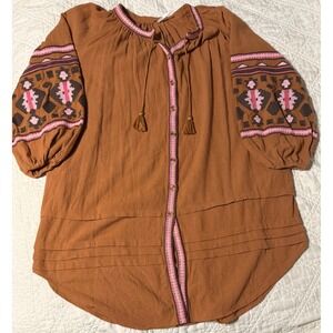 Free People Rust Embroidered Balloon Sleeve Peasant Blouse Boho Top Small